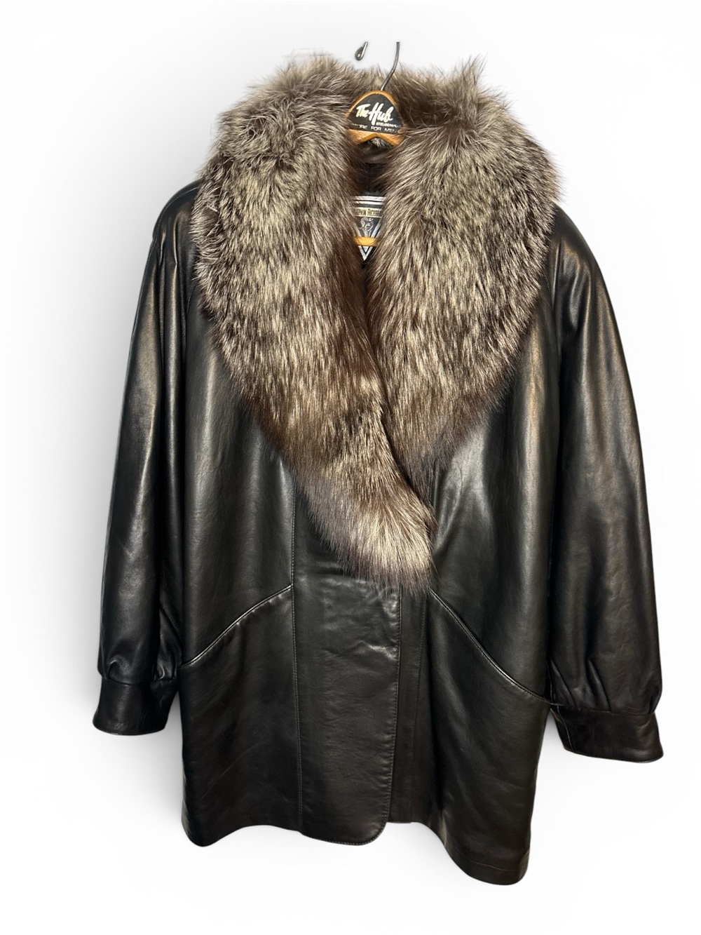 Marvin Richards Black Leather Coat with Brown Fur Collar